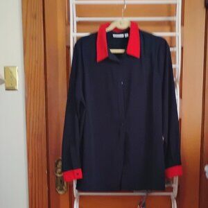 Sized L. Stunning Susan Graver navy blouse with bright red cuffs and collar